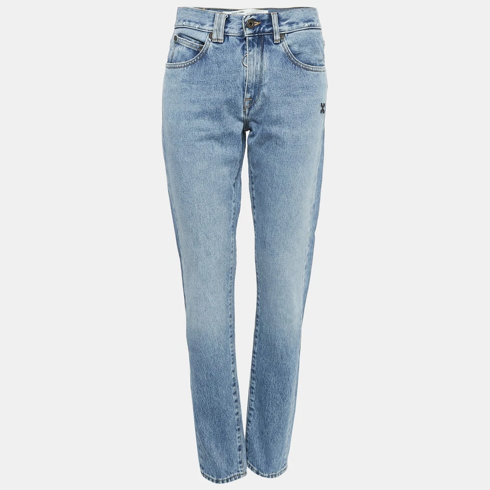 Pantalones de mezclilla azul roto desgastados ajustados cintura L 32"