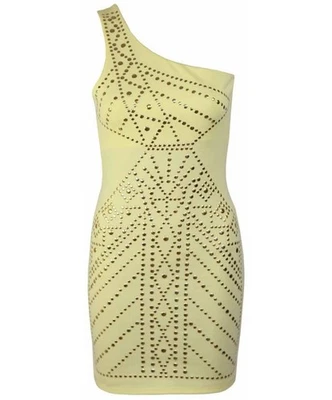 Robe d'été jaune une épaule asymétrique courte & moulante stretch à clous 36 S - Photo 1/2