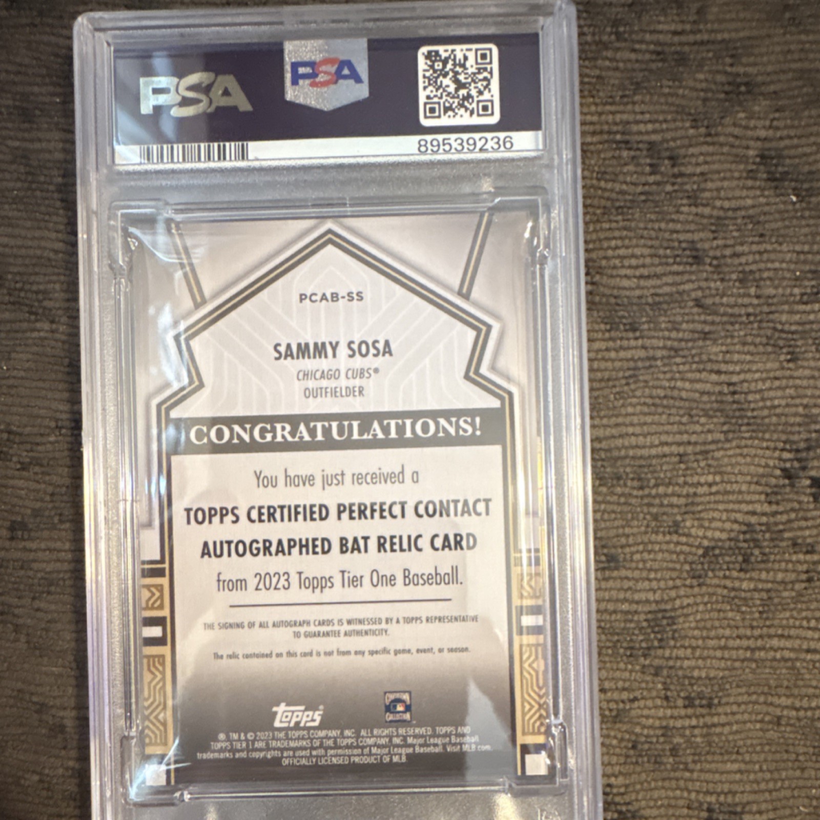 Topps 2023 Tier One Sammy Sosa Perfect Contact Auto Bat Relic PSA 9 /5 view 3