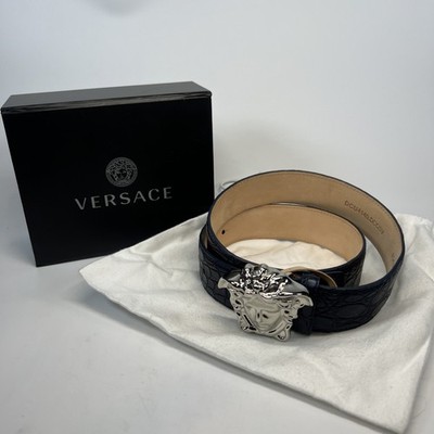 VERSACE La Medusa Silver Buckle Blue Scaled Leather Belt 30  display picture 3