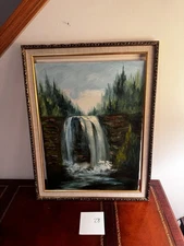 Framed Waterfall Landscape Painting VTG Oil Art Picture Nature P0