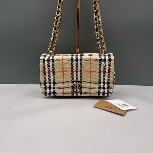 Burberry Lola Small Beige Check Wool Tweed Shoulder Crossbody Bag Duty Paid