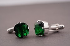 3Ct Cushion Cut Lab Created Green Emerald Silver Cufflink 14K White Gold plated
