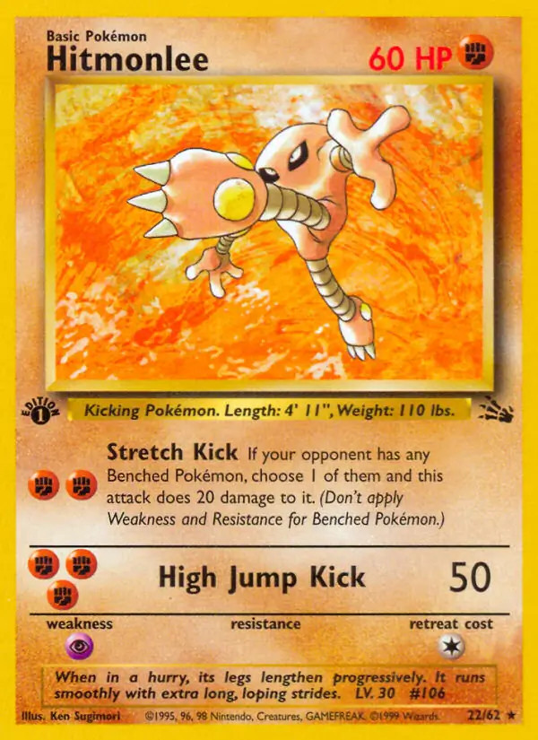 Hitmonlee - 22/62 - Pokemon Fossil 1st Edition Rare Card WOTC NM