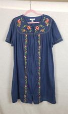 Go Softly House Dress XL Denim Blue Embroidered Floral Zip Patio Grandmacore