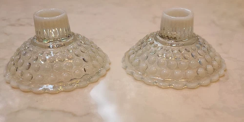 2 Vintage Anchor Hocking Opalescent Moonstone Hobnail Tapered Candle Holders