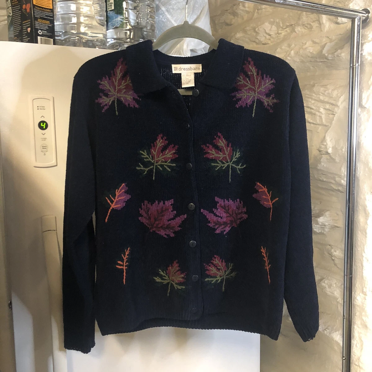 Dress Barn Womans Fall Cardigan Sweater L Multicolor Silk Leaves