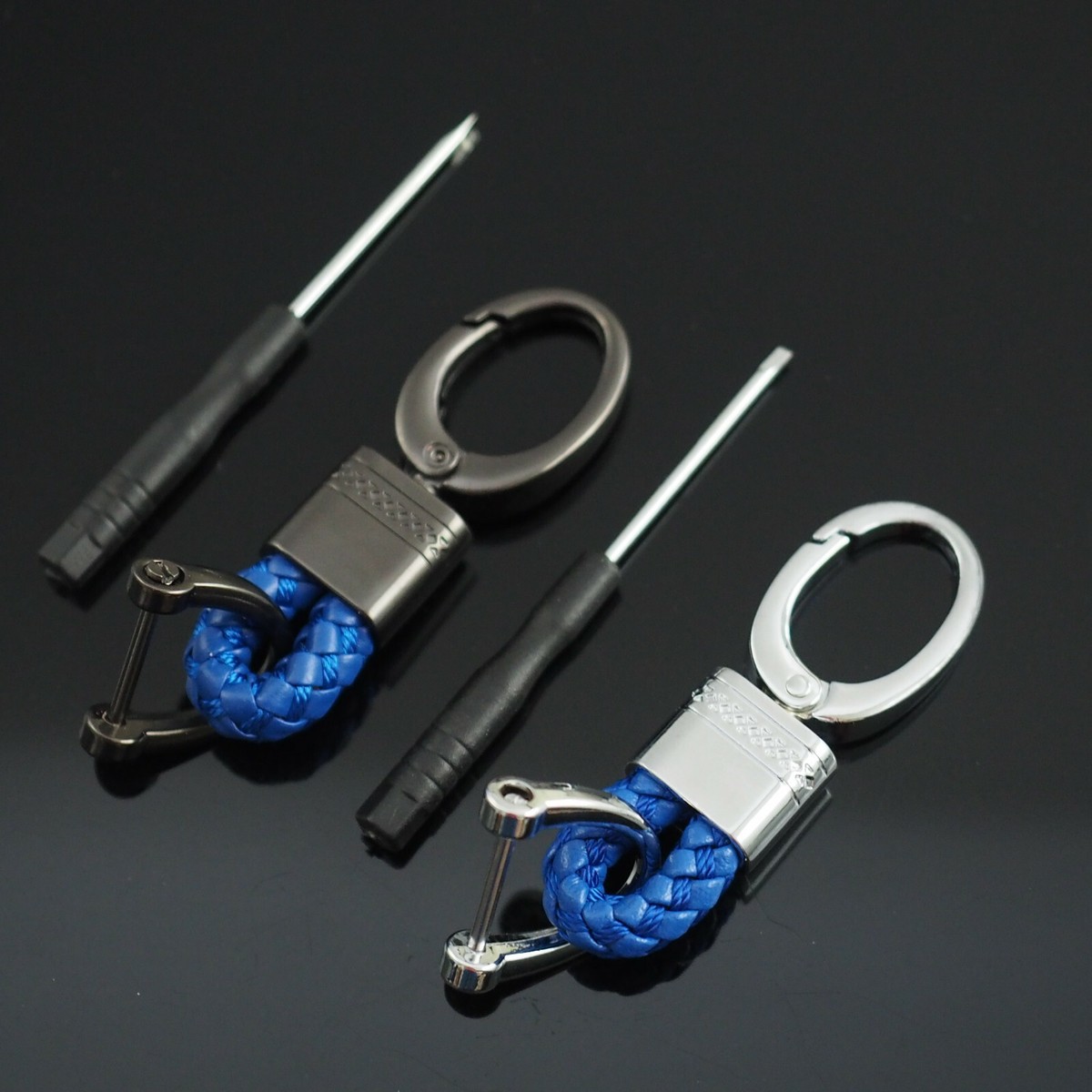 2pcs Blue Woven Leather Fob D-Ring Buckle Keychain Key Ring Holder 