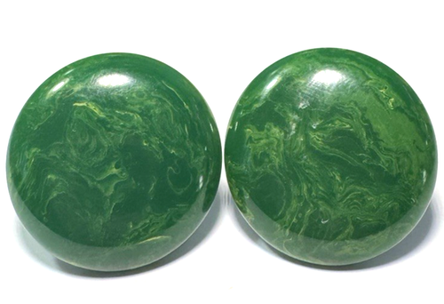 Vintage Jewelry Earrings Screw Back Large Green Bakelite Marbled Round 64