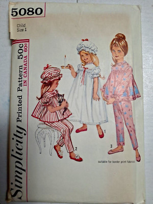 Pajamas Nightgown Sleep Cap Girls 1 12M Simplicity 5080 Sewing Pattern Cut VTG