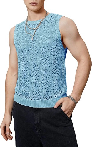New Summer Men's Top Sleeveless Round Neck Hollow Out Jacquard Vest Cool Breath - Picture 22 of 25