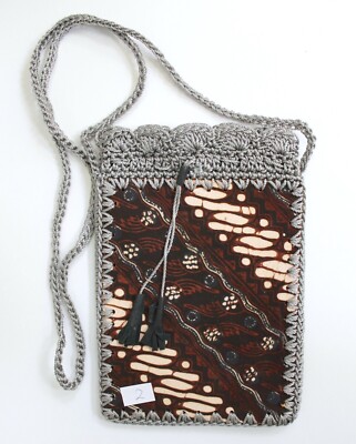 Handmade Batik Fabric Ethnic Print and Crochet Small Crossbody Bag #2 NEW