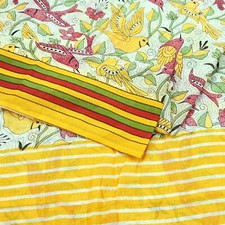 Vintage Sari White  Yellow Printed Pure Cotton Sarees Craft Fabric 5Yd Sarong