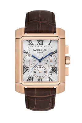 Daniel Klein 47mm Mens Square Analog Tank Watch Leather Dat,e Rose Gold / Brown