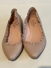 KATE SPADE NEW YORK Women Ballerina Tan Beige Leather Flat Shoes w/ruffle 8 M