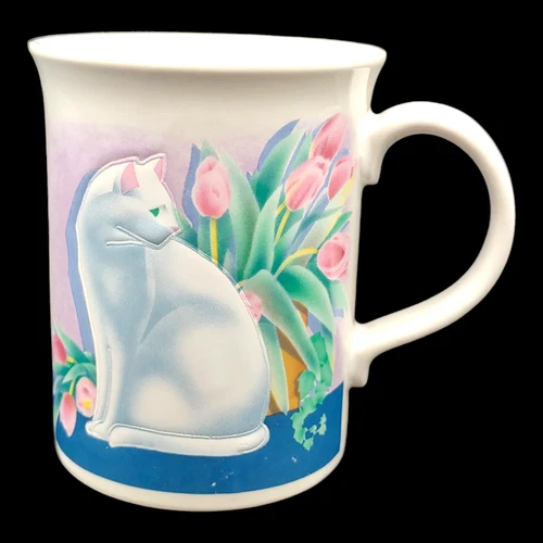 Otagiri Pure White Cat Tea Coffee Mug - 10oz vtg Green Eyes Pink Tulip Flowers
