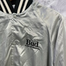 Vintage Bud King of Beers Satin Jacket Mens XL Silver Bomber Embroidered 80s USA