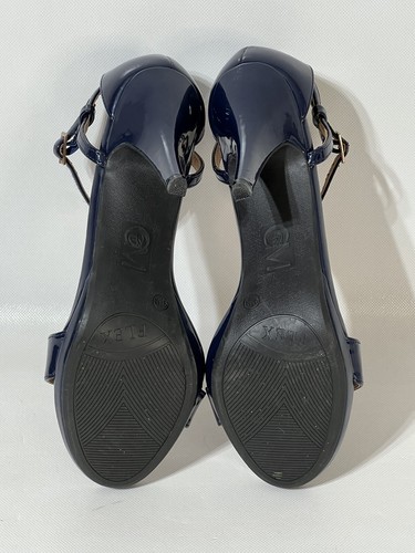 Women 9.5 M Patent Navy Blue Ankle Strap Toe Strap High Stiletto Heels - Picture 7 of 9