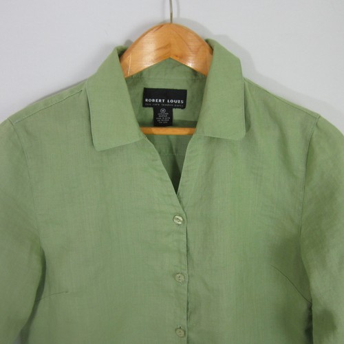 Robert Louis Womens M Green 3/4 Sleeve Linen Shirt Floral Embroidered Flowers - Picture 3 of 7