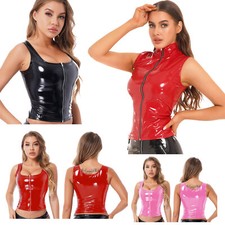 UK Women Leather Tank Top Lady Zipper Wet Look Gothic Sleeveless Corset Clubwear