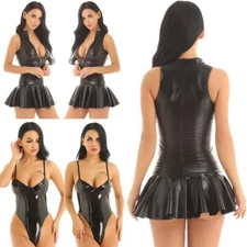 Women's Bodycon Flare Dress Patent Leather Short Mini Dress With G-string Club