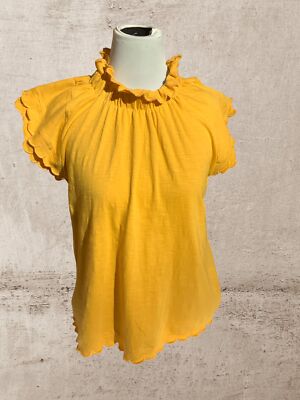 Cupio ruffled cap sleeve solid yellow mock neck pullover tunic top new Medium