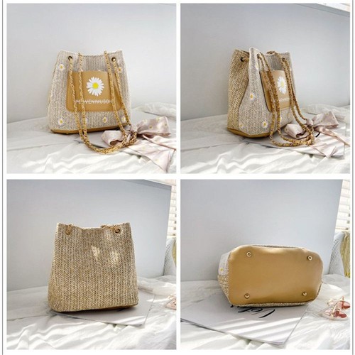 New Korean Women With Silk Scarf Straw Bags Sunflower One Shoulder Bag - Picture 4 of 12