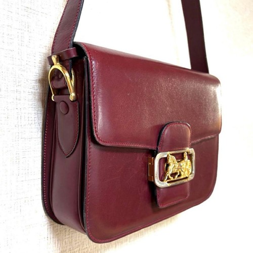CELINE Box Calfskin Shoulder Bag Bordeaux Sulky Horse Carriage Vintage Bag