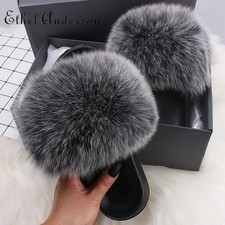 Women's Real Fox Fur Fuzzy Slippers Casual Flip Flop Sandals Furry Slides V5