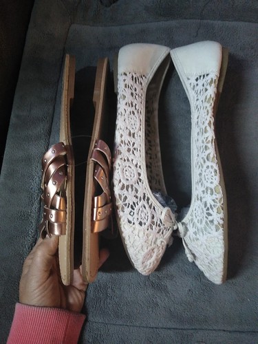 New Evans 2 Pair Size9EEE Ivory open Lace Flats/Rose Gold Silv Stud Slider Mules - Picture 5 of 13