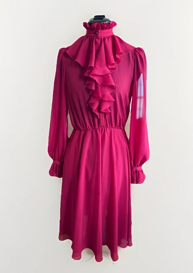 Vestido eduardiano vintage años 70 80 Manning plateado rojo manga larga campana volantes *defecto Foto 2 de 4