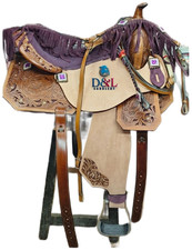 Horse Saddle Rough-out Purple Fringes Hand-Tooled Barrel Racing Western Tack Set