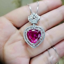 Ladies 3Ct Heart Shape Pink Sapphire Halo Pendant 14K White Gold Over Free Chain