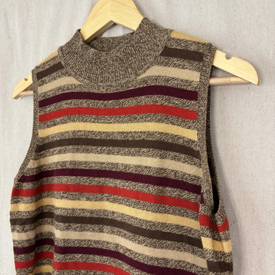 Villager Petite Liz Claiborne 毛衣背心女式 XL 条纹棕色深色学院 — 第 2/4 张图片