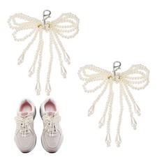 2 Pcs Pearl Bow Shoe Charm Tassel Bowknot Shoe Decoration, Beige