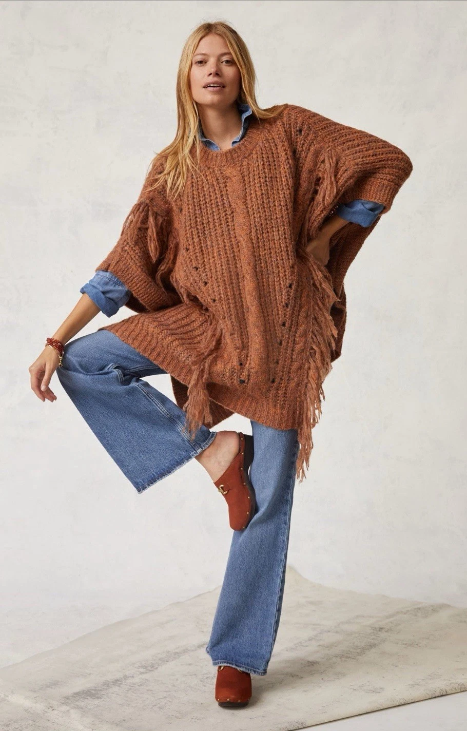 Anthropologie Poncho Women Bronze Marled Fringe Preppy Boho Retro One Size NWT