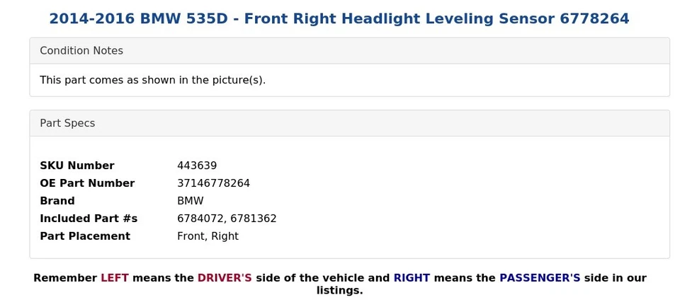 BMW 535D 2014-2016 - Sensor de nivelación del faro delantero derecho 6778264 Foto 4 de 4