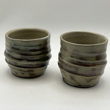 Pair Of Studio Pottery Japanese Yunomi Spiral Design Stoneware Tea Cups Signed 