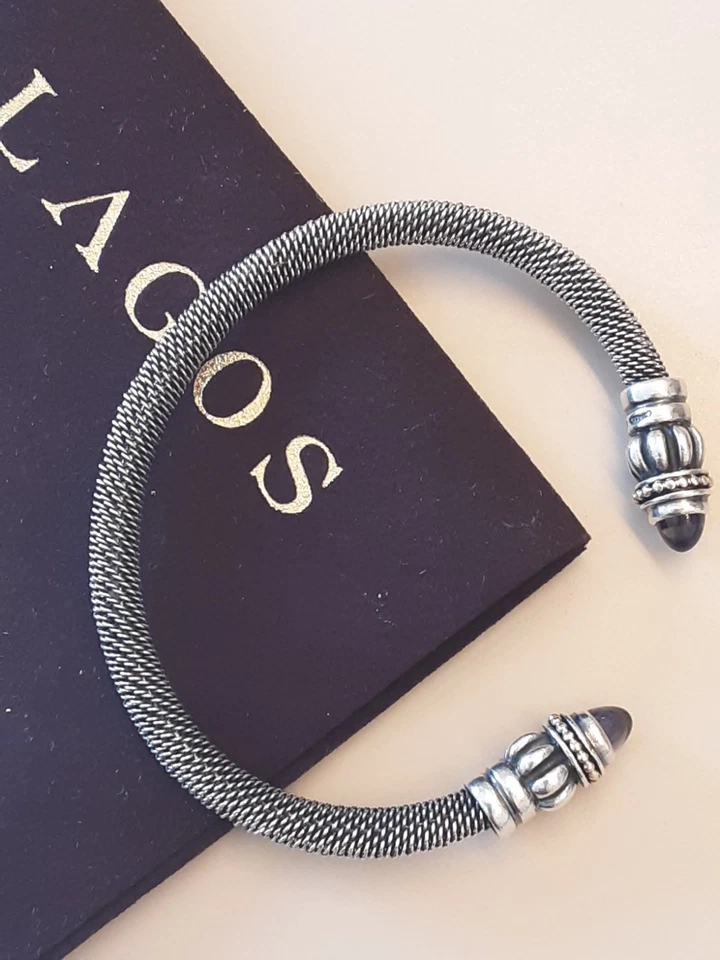 Lagos Amethyst Fluted Mesh Sterling Silver Cuff Bracelet with 18k Gold Beading - Image 4 of 4