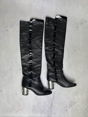 Chanel CC Over The Knee Boots Black Leather Patent Trim Logo Heel US 8.5 EU 39