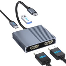 USB C to Dual HDMI Adapter for 2 Monitors, 4-in-1 HDMI Splitter for Dual Moni...
