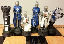 Medieval Times Crusades Blue and White Maltese Knight Chess Pieces Set -NO Board