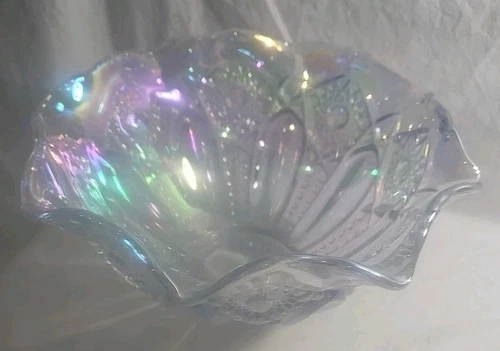 Vintage L. E. Smith Handmade Iridescent Clear Carnival Glass Deep Serving Bowl