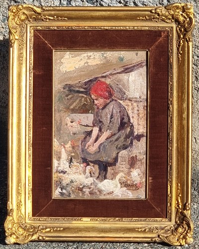 Mosè Bianchi  ( Monza 1840-1904 ). La guardiana del pollaio,  olio su cartone . - Imagen 2 de 24