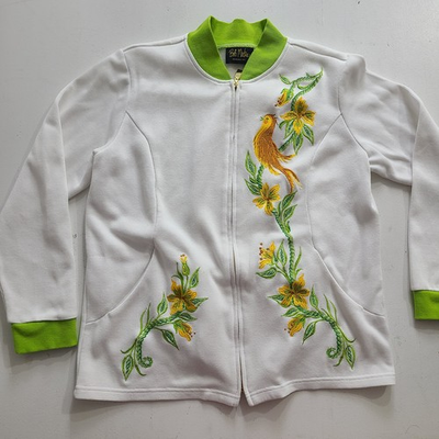 #ad Womens Sz MEDIUM Bob Mackie Wearable Art embroidered songbird zip up jacket $23.00