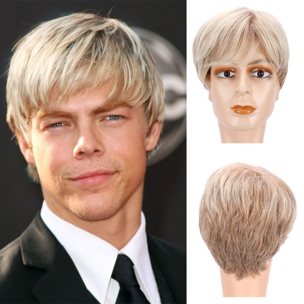 Pelucas para hombre pelo corto dorado moda peluca rubia corta capas rectas sintéticas
