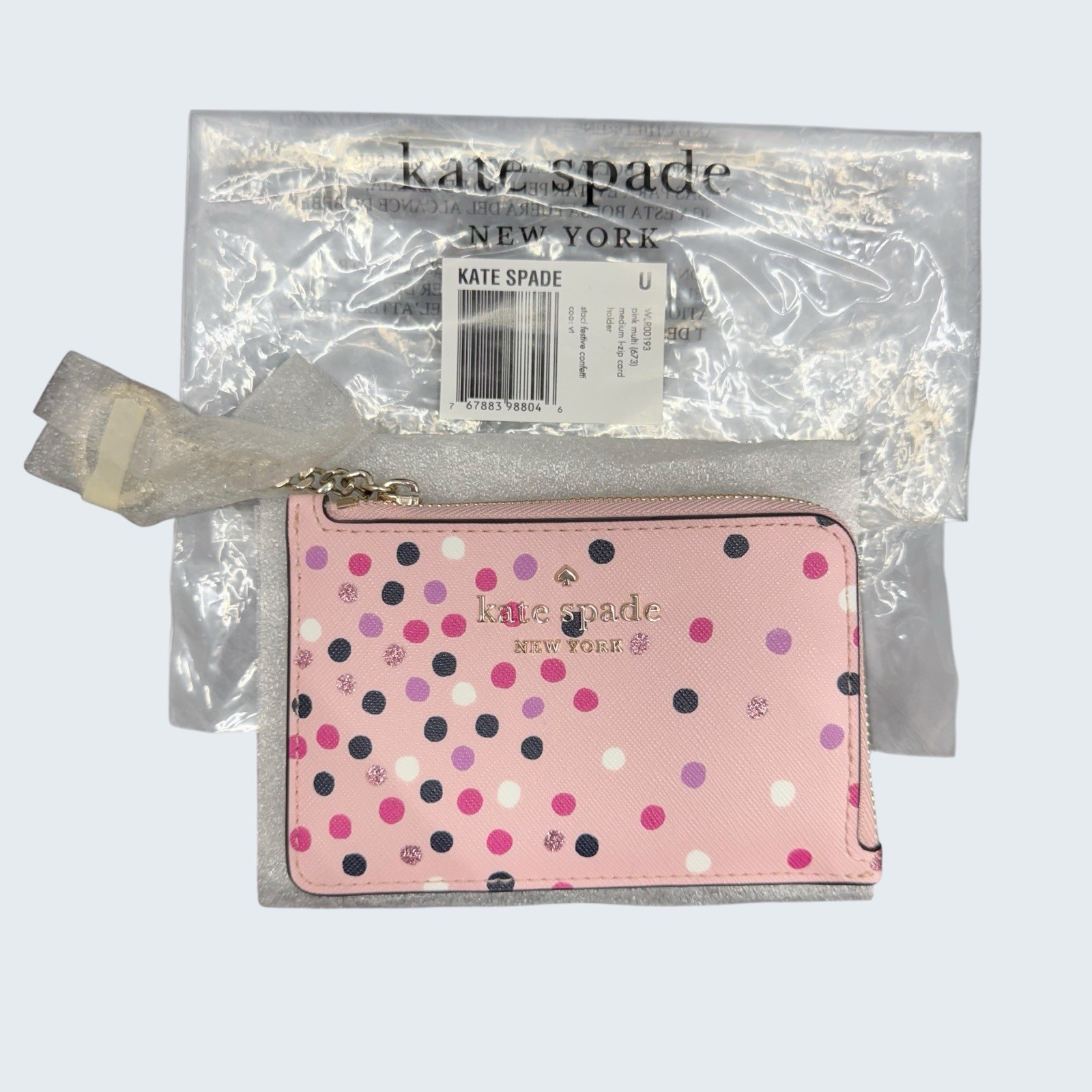 Kate Spade Staci Festive Confetti Medium L-Zip Card Holder Pink NWT