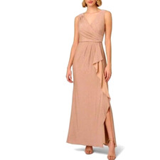 Adrianna Papell Womens Dress Size 4 Biscotti Glitter Sleeveless V Neck Gown New