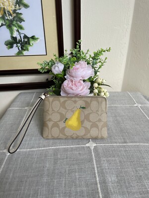 NWT COACH Small Corner Zip Wristlet Wallet Yellow Pear Signature 
