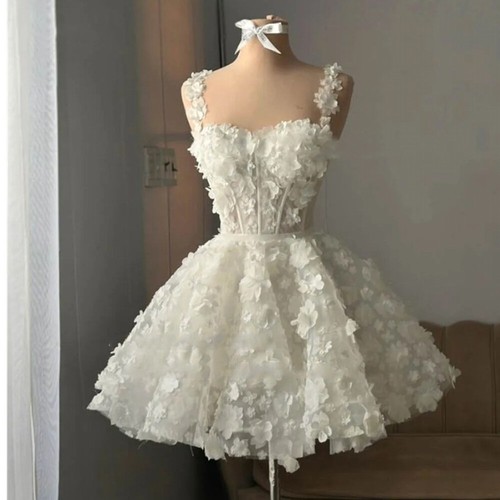 Short Tulle Wedding Dresses Sweetheart Neck 3D Flowers Backless Bridal Gowns New - Picture 3 of 8